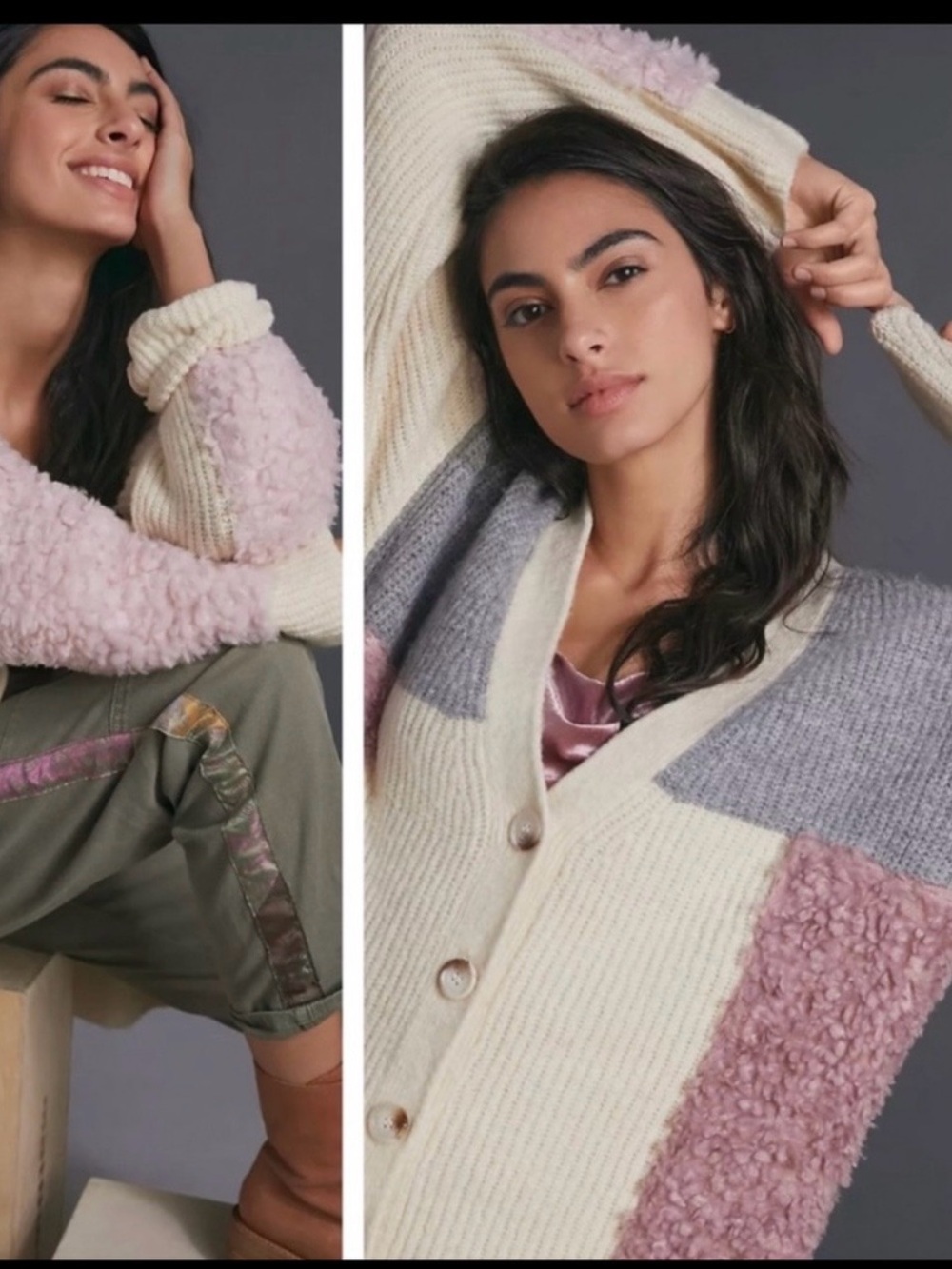 Anthropologie Olivia Textured Cardigan – Cream, Pink & Gray – Size M